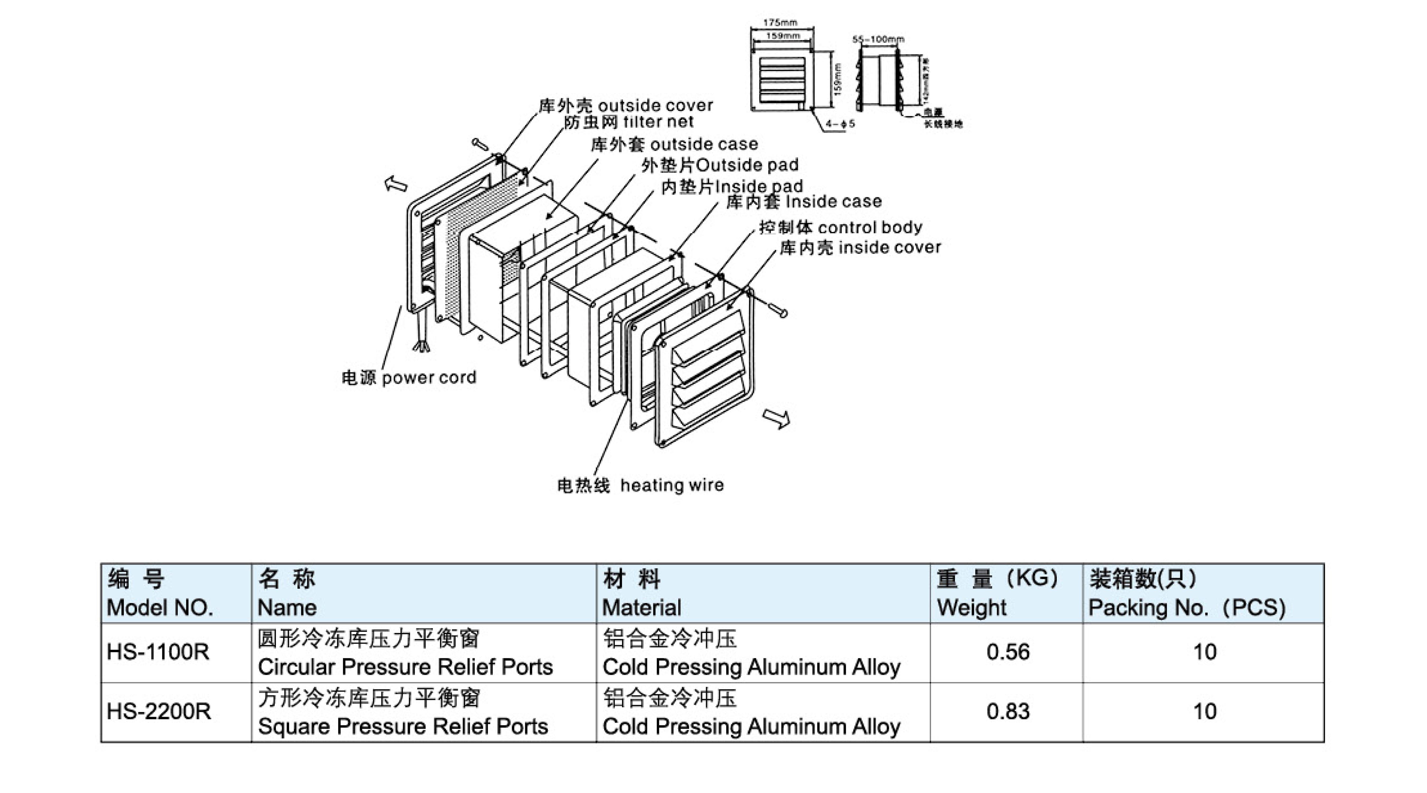 方形冷凍庫壓力平衡窗-2200R